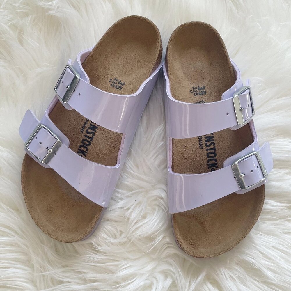 NEW Birkenstock Lavender Purple Fog Patent Birko Flor Cork Slip-On Sandals